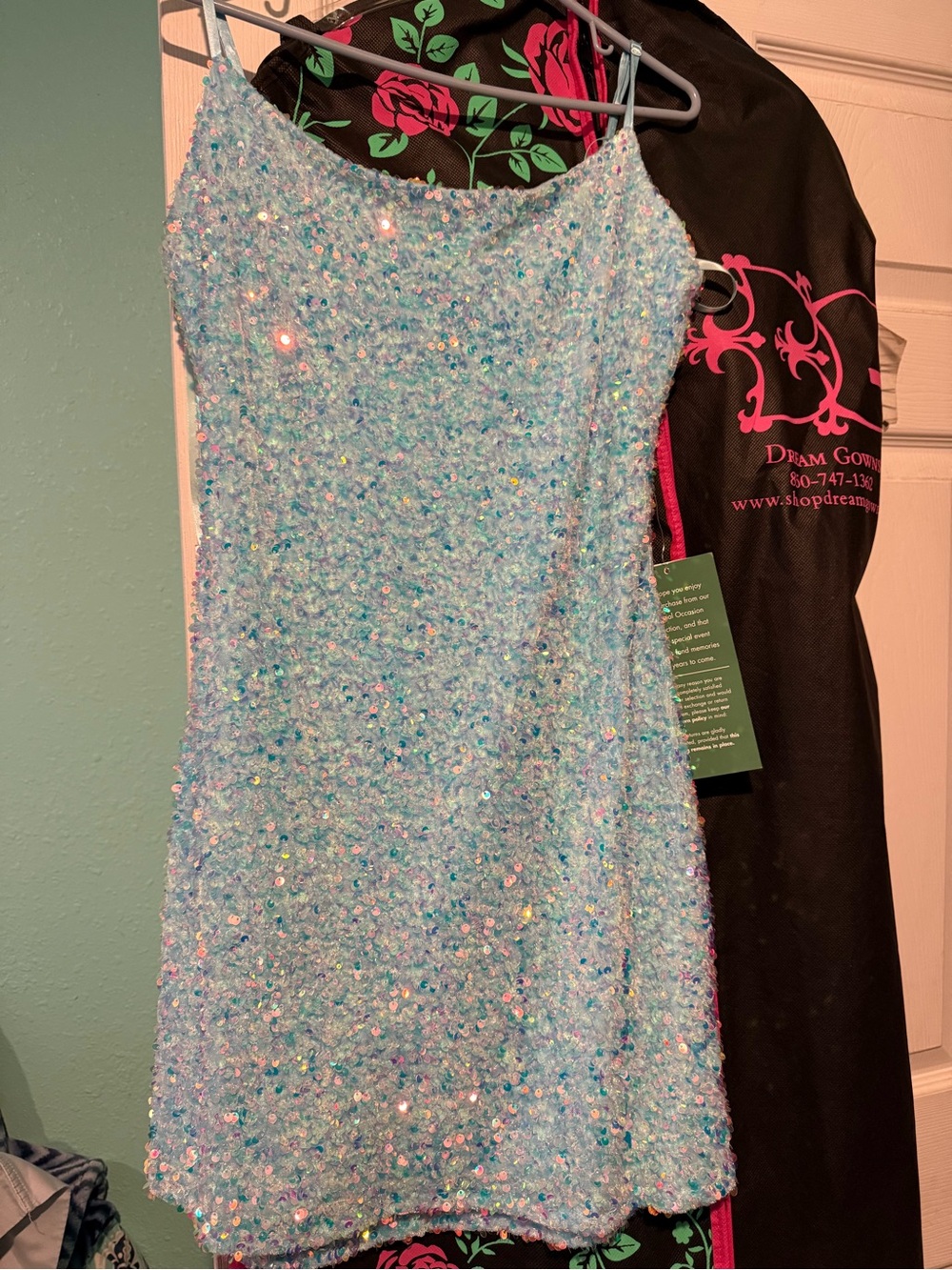 B. Smart Iridescent Light Blue Sequin Spaghetti Strap Dress